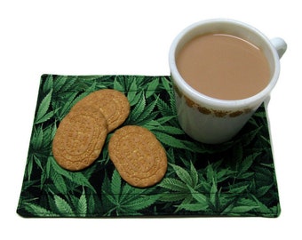 MUG RUG, Snack Mat, Padded and Quilted, Premium Quality cotton, Ideal Small Gift, Marijuana