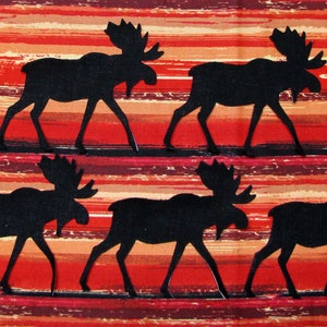 May include: Five black moose silhouettes against a red and brown striped background. The moose are all facing the same direction and are arranged in a staggered pattern.