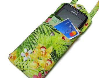 PHONE CASE, QUILTED, sunglasses case, two pockets, fully padded, crossbody, adjustable strap, 100 % cotton, Island Sun