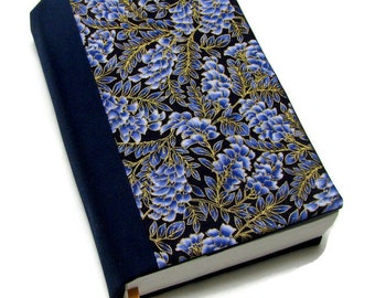 Book cover TRADE SIZE,  Contrast spine, large paperback,  book protector, cotton, padded cover, ribbon bookmark, Wisteria Navy