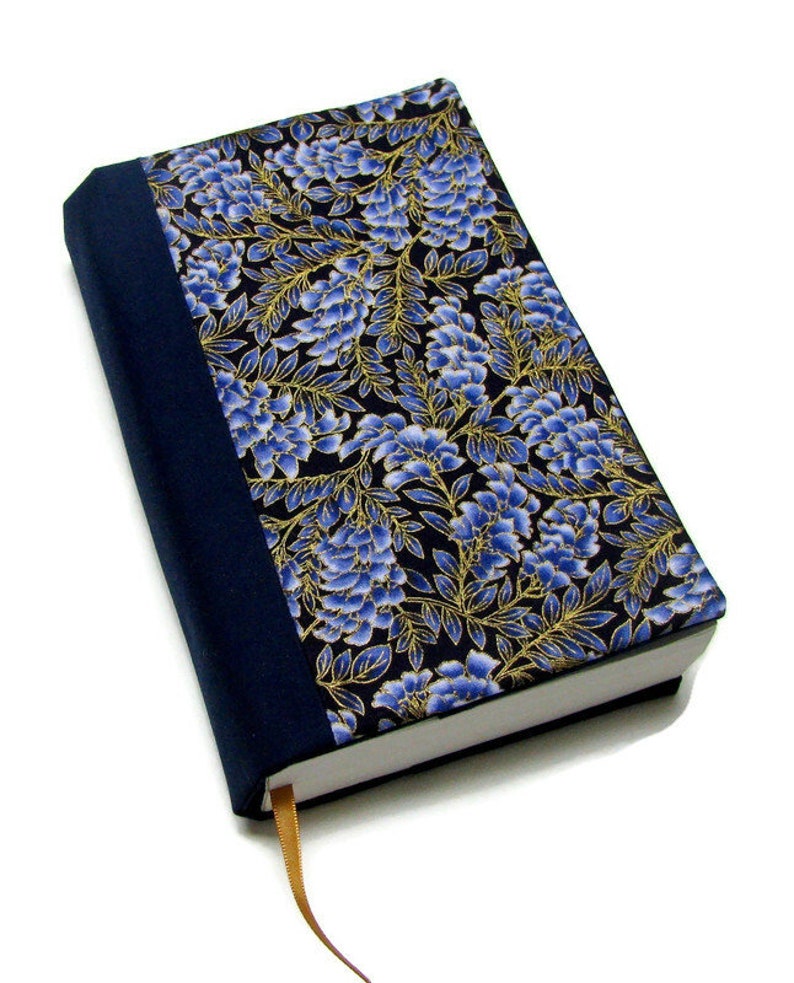 Book cover TRADE SIZE, Contrast spine, large paperback, book protector, cotton, padded cover, ribbon bookmark, Wisteria Navy image 1