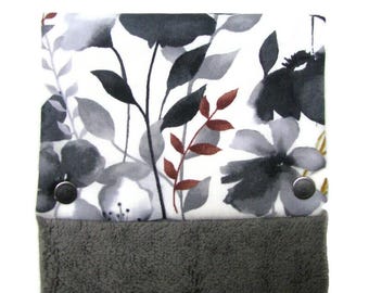 Snap Top Hanging Hand Towel, Floral, Embroidered border, Silver Splendor