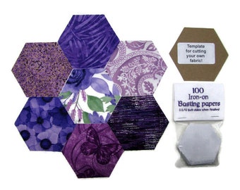 SAVE EPP KIT 84 cotton hexies chipboard template and 100 iron on papers, 1 1/4" sides when finished, Pretty Purples