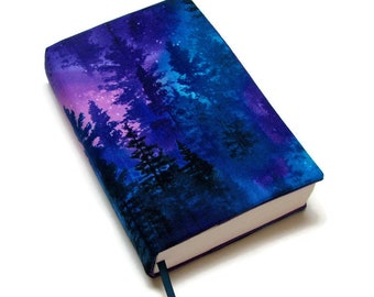 Book cover TRADE SIZE, large paperback,  book protector, cotton, padded cover, matching corner bookmark optional, Aurora - Glowing Forest