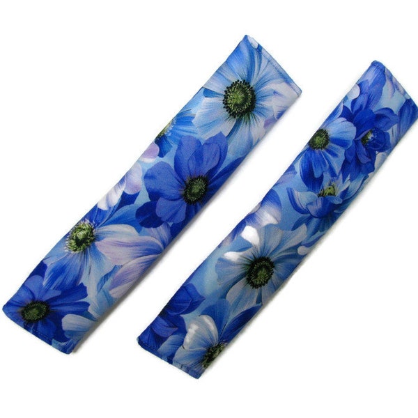 SAVE Seat belt covers SET of TWO shoulder pads, foam padded protectors, fully lined, snap closure, Blue Blossoms