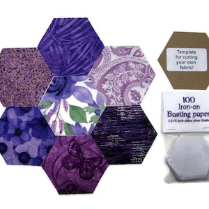 May include: A selection of purple fabric hexagons with diverse patterns, such as floral and paisley. Includes a template for cutting fabric and a pack of 100 iron-on basting papers, 3.18 cm sides when finished.
