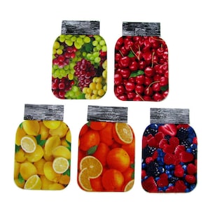 May include: Five mason jars with different fruit designs. The jars are filled with grapes, cherries, lemons, oranges, and raspberries.