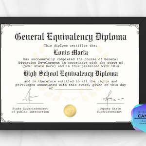 Modèle de diplôme, diplôme modifiable, diplôme GED avec sceau d’or, diplôme d'équivalence scolaire, certificat personnalisé, téléchargement