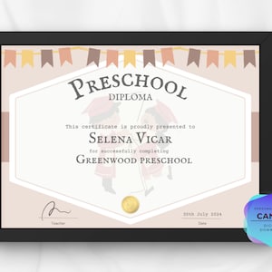 certificat préscolaire à imprimer, Diplôme préscolaires modifiable, modification à l’aide de canva, modèle de diplôme, diplôme personnalisé