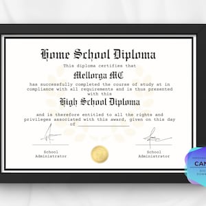 Modèle de diplôme, diplôme modifiable, diplôme d'études secondaires avec sceau d’or, diplôme d'études secondaires, certificat personnalisé