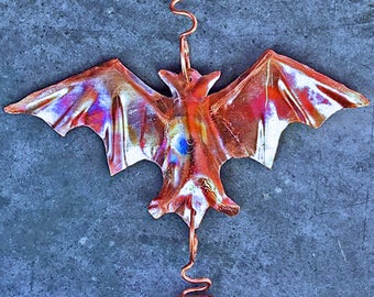 Flying Bat Chiroptera Halloween Sun Catcher Window Jewelry Recycled Art Copper, Glass, free Suction Cup! Handmade Gift, Home & Garden Decor