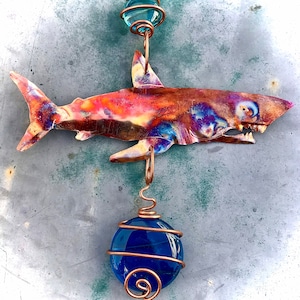 Handmade Copper Shark Suncatcher: Nautical Window Art with Glass Gems