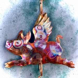 Handmade Copper Flying Pig Suncatcher: Window Jewelry with Glass Gems