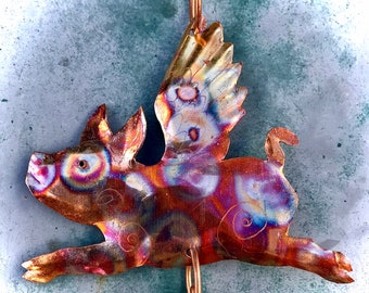 Copper Flying Pig Suncatcher: Handmade Window Jewelry with Glass Gems, Suction Cup included. Fantasy Farm Animal Art works as Bird Deterrent