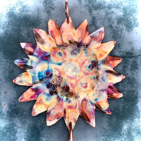 Sunflower Sun Catcher Window Jewelry Mobile Recycled Art Copper, Glass and free Suction Cup! Handmade Copper Art Home & Garden Decoration