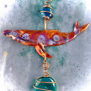 Humpback Whale Sun Catcher Window Hanging Jewelry Ocean Recycled Artwork. Copper, Glass, free Suction Cup! Handmade Gift, Home, Garden Décor