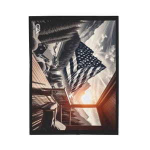 American Porch 1, Velveteen Blanket, USA Flag Mountain Sunrise Throw, Patriotic Cozy Bedding, Gift for Nature Lovers, Home Decor Accent