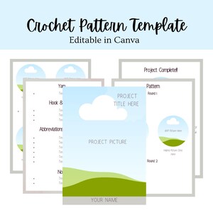 May include: A light blue and white Crochet Pattern Template with the text "Editable in Canva". The template includes sections for project title, picture, and name. Additional pages show pattern details and abbreviations.