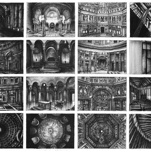 May include: A collection of 16 black and white pencil drawings depicting the interior of various buildings. The drawings show different architectural styles and details, including arches, columns, domes, and ceilings.