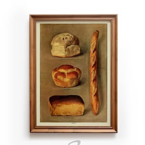 Może przedstawiać: Wizerunek vintage w ramie przedstawiający cztery różne rodzaje chleba: okrągły bochenek z etykietą "Domestic", okrągły bochenek z etykietą "Knot Bread", długi bochenek z etykietą "French" i prostokątny bochenek z etykietą "Brioche".