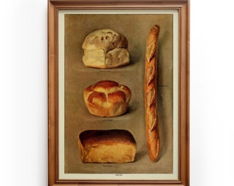 Vintage illustratieposter Soorten brood, keukenmuurkunstdecoratie Broodposter, binnenlands stokbrood, digitale download