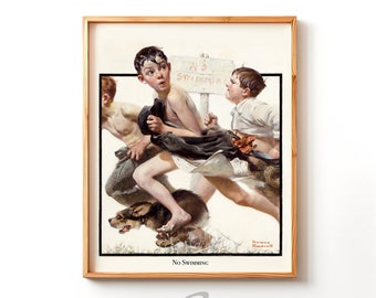 Norman Rockwell Print 1920s, Boy&#39;s No Swimming, Outdoor Summer Fun, Vintage Wall Art, Early 20th Century Illustration, Digital Download