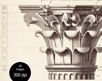 Conjunto de 3 impresiones de dibujos arquitectónicos detallados, impresiones de arquitectura de columnas romanas clásicas, impresión gótica, dibujo del Panteón, descarga digital