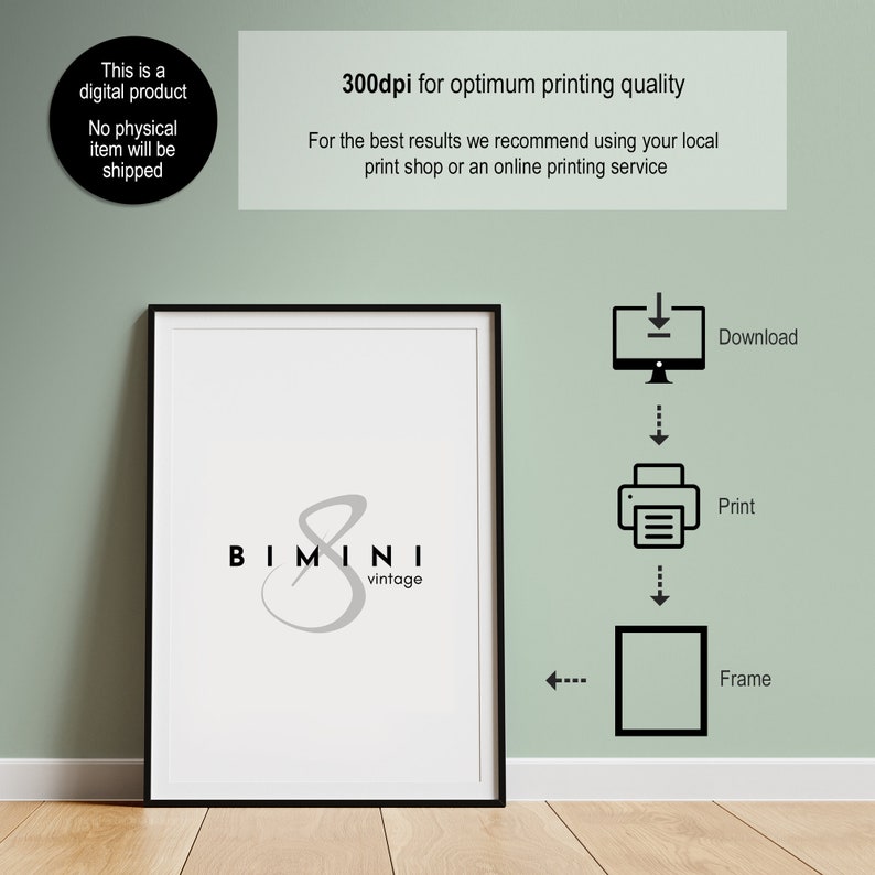 May include: A framed art print with a black frame, leaning against a wall. The print features the text "BIMINI vintage" in black and gray. Additional text indicates this is a digital product, emphasizing high-quality printing.