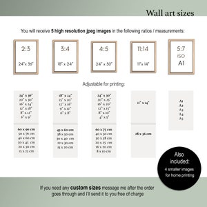 May include: Image showing wall art sizes and ratios, including 2:3 (24" x 36"), 3:4 (18" x 24"), 4:5 (24" x 30"), 11:14 (11" x 14"), and 5:7 (A1). Includes adjustable sizes for printing, and smaller images for home printing.