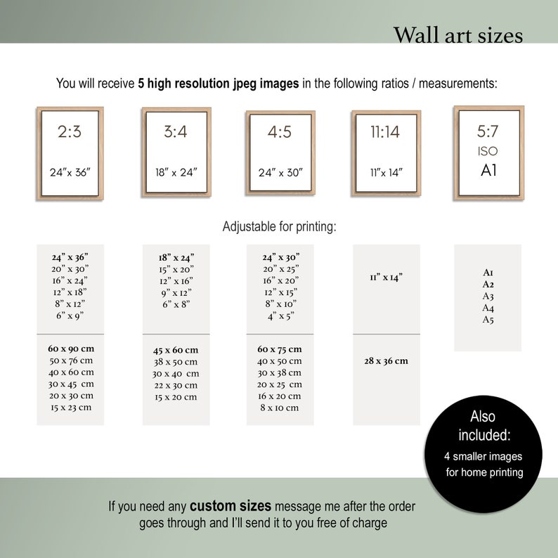 May include: Image showing wall art sizes and ratios, including 2:3 (24" x 36"), 3:4 (18" x 24"), 4:5 (24" x 30"), 11:14 (11" x 14"), and 5:7 (A1). Includes adjustable sizes for printing, and smaller images for home printing.