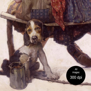 May include: A detailed painting of a young dog with brown and white markings, sitting near a metal bucket. The dog has a focused gaze. The scene includes a wooden structure and a person's legs and feet.