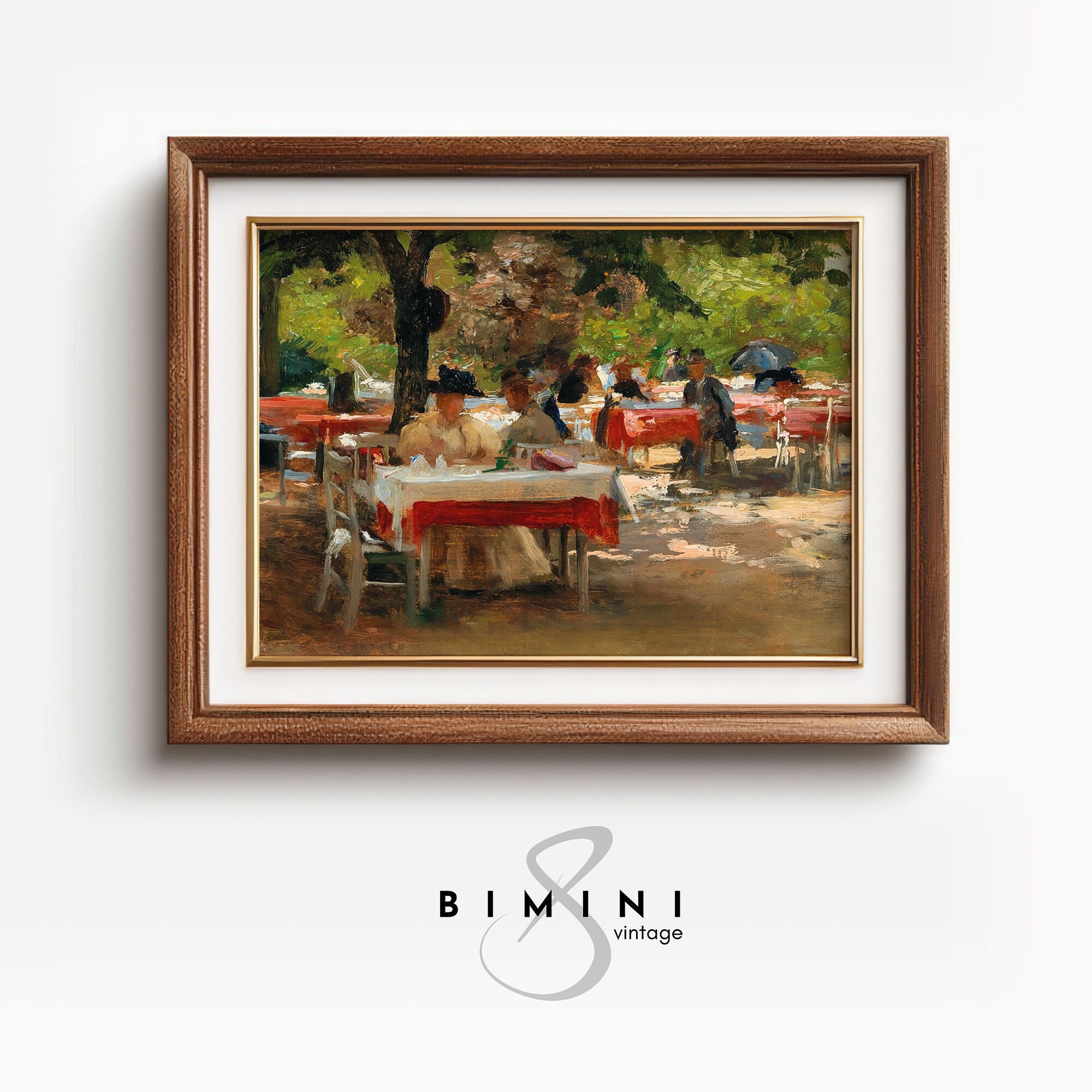 Terrasse ensoleillée de restaurant, terrasse ensoleillée de bar, impression impressionniste, art méditerranéen, art imprimable, art figuratif, terrass