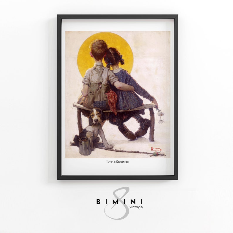 May include: Framed print of a vintage illustration titled "Little Spooners." The artwork depicts two children sitting on a bench, a dog, and a yellow sun in the background. The print is in a black frame.