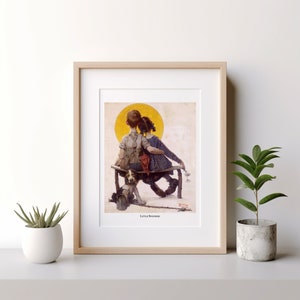 May include: Framed print of a vintage illustration depicting two children sitting on a bench, with a dog and fishing pole. The artwork features a warm color palette with a yellow sun in the background. The title "Little Spooners" is visible.