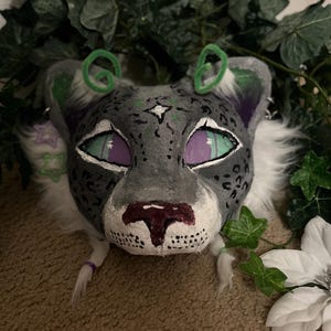 Alien Snow Leopard Mask – Toony Realistic Style, Lined, Removable Clips, Fake Piercings, Bendable Antennas