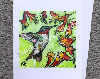 Hummingbird Art Greeting Card: Ruby-Throated Bird Illustration