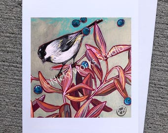 Chickadee Illustration Card: Bird & Blueberries Art