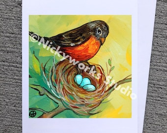 Robin Nest Greeting Card: Spring Bird Art, Friendship Card (A2 Size)