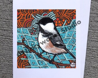 Chickadee Art Greeting Card: Whimsical Bird Print