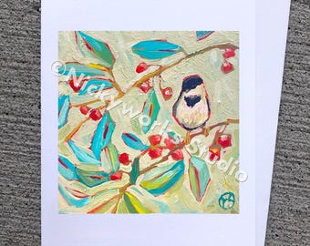 Chickadee in cherry tree greeting card