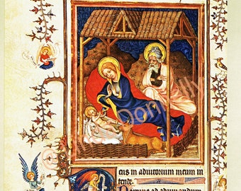 Book of Hours,Nativity scene, medieval art, Christmas scene, Jesus Mary Joseph, 14th Century,Christian art, book page, medieval decor,