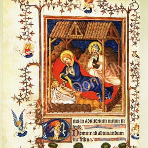 Book of Hours,Nativity scene, medieval art, Christmas scene, Jesus Mary Joseph, 14th Century,Christian art, book page, medieval decor, image 1