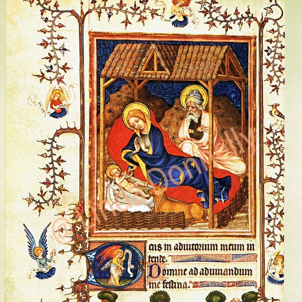 Book of Hours,Nativity scene, medieval art, Christmas scene, Jesus Mary Joseph, 14th Century,Christian art, book page, medieval decor,