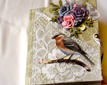 handmade junk journal, Mother's Day gift, Vintage Spring nature diary, shabby chic lace,  vintage women's travel journal, keepsake diary