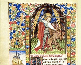 Medieval art, Book of Hours, Illustrated manuscript,  15th Century art, St. Michael killing the devil, Christian art, prayer journal,