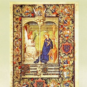 Book of Hours, Medieval art, Illustrated manuscript, 15th Century art,, The Annunciation, Christian art, holy family, Christmas art, image 1