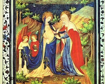 Book of Hours, Illustrated manuscript,  15th Century art,the Visitation, Mary pregnant with Jesus  , Christian art,medieval art, baby shower