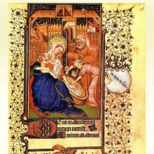 medieval art, Book of Hours, Illustrated manuscript, 15th Century art ,Nativity bath scene, prayer journal supplies, Christian art, prayer image 1