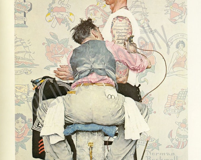 Norman Rockwell Print, Tattoo, the Tattooist Homecoming GI, Free Shipping, Man Cave, Soldier