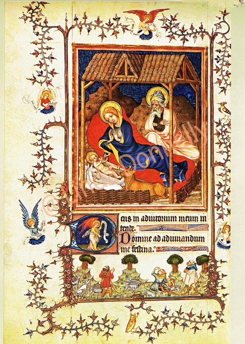 Book of Hours,Nativity scene, medieval art, Christmas scene, Jesus Mary Joseph, 14th Century,Christian art, book page, medieval decor, image 1